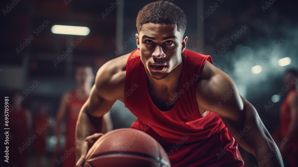 Young male basketball player dribbling the ball on basketball court in action. - obrazy, fototapety, plakaty 