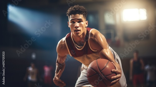 Young male basketball player dribbling the ball on basketball court in action. photo