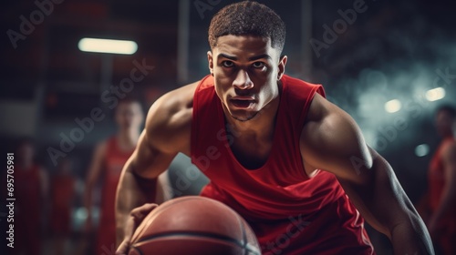 Young male basketball player dribbling the ball on basketball court in action. © Oulaphone
