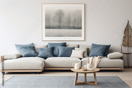 a living room with a couch and a table