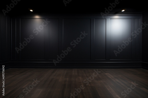 a room with a dark wall and a wooden floor