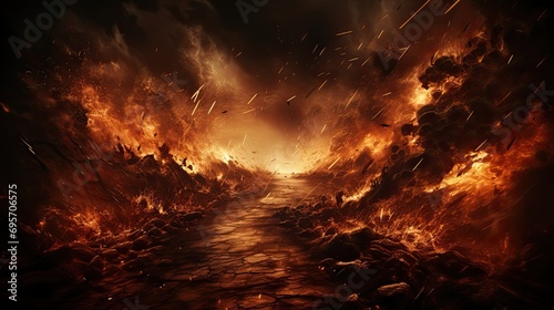 Dramatic fiery landscape with falling embers