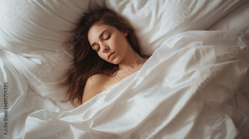 Young woman sleeping on the white linen in bed at home, top view. ,