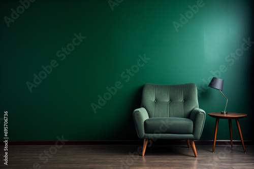 a green chair sitting next to a table with a lamp on it