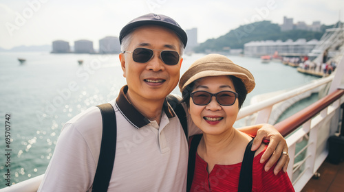 Elderly happy Asian couple on vacation