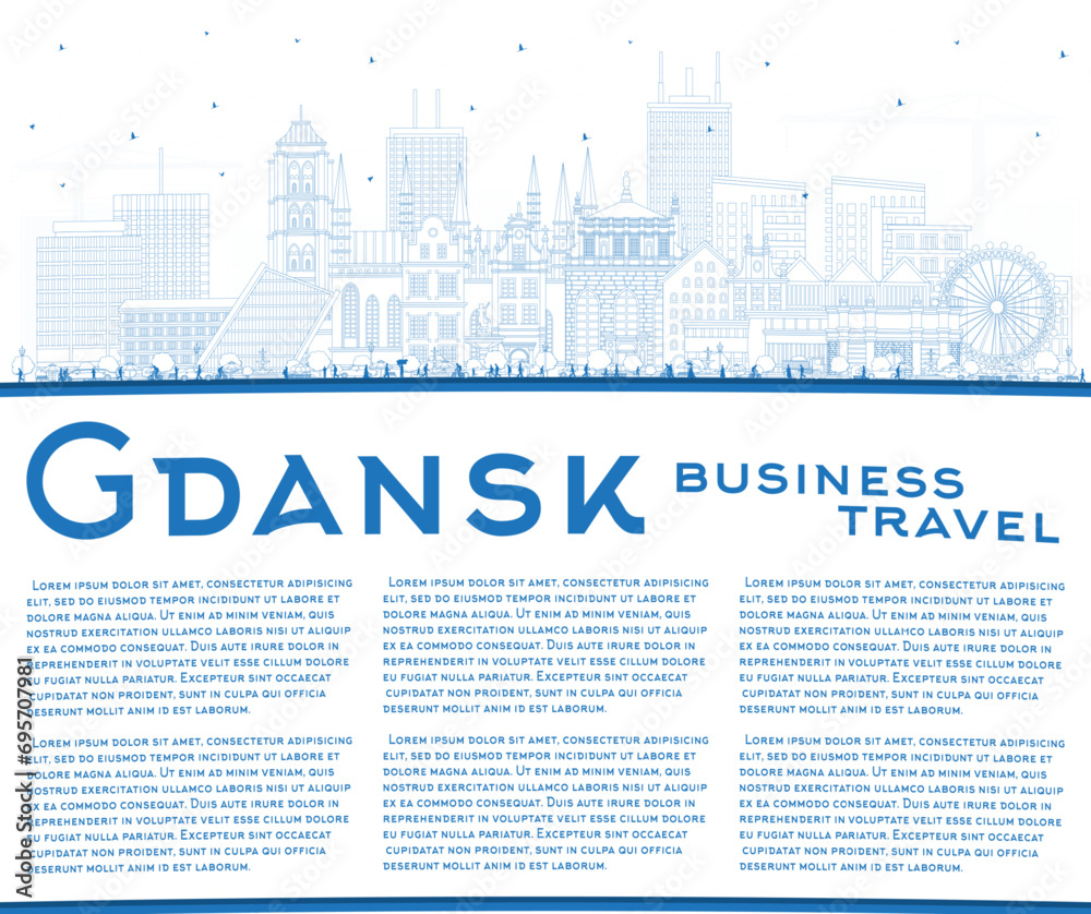 Outline Gdansk Poland city skyline with blue buildings and copy space. Gdansk cityscape with landmarks. Business travel and tourism concept with modern and historic architecture.