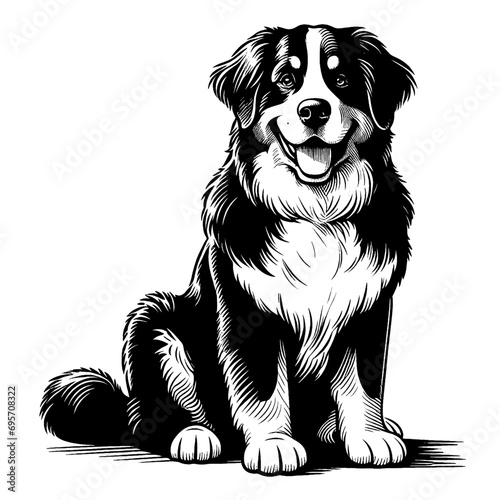 Full-length sitting Bernese Mountain dog portrait. Hand Drawn Pen and Ink. Vector Isolated on White. Engraving vintage style illustration for print, tattoo, t-shirt, coloring book photo