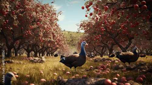 shot of turkeys beneath apple trees