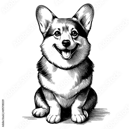 Full-length sitting Corgi portrait. Hand Drawn Pen and Ink. Vector Isolated on White. Engraving vintage style illustration for print, tattoo, t-shirt, coloring book