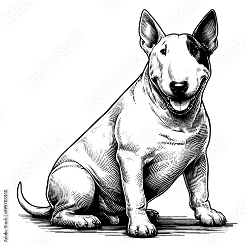 Full-length sitting Bull Terrier portrait. Hand Drawn Pen and Ink. Vector Isolated on White. Engraving vintage style illustration for print, tattoo, t-shirt, coloring book