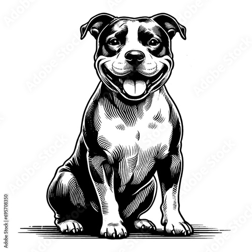 Full-length sitting Staffordshire Bull Terrier dog portrait. Hand Drawn Pen and Ink. Vector Isolated on White. Engraving vintage style illustration for print, tattoo, t-shirt, coloring book