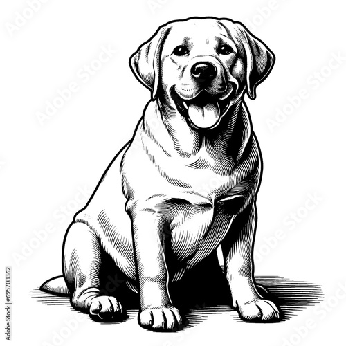 Full-length sitting Labrador portrait. Hand Drawn Pen and Ink. Vector Isolated on White. Engraving vintage style illustration for print, tattoo, t-shirt, coloring book