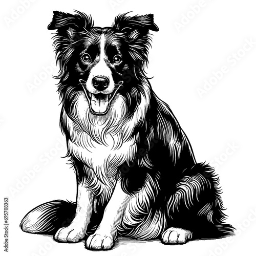 Full-length sitting Border Collie portrait. Hand Drawn Pen and Ink. Vector Isolated on White. Engraving vintage style illustration for print, tattoo, t-shirt, coloring book