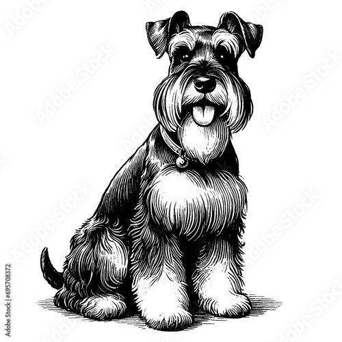 Full-length sitting Schnauzer portrait. Hand Drawn Pen and Ink. Vector Isolated on White. Engraving vintage style illustration for print, tattoo, t-shirt, coloring book