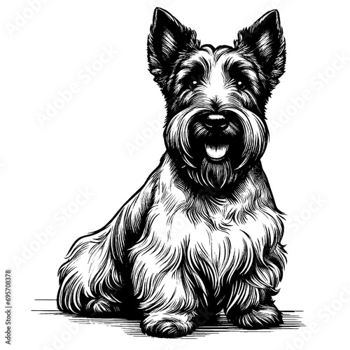Full-length sitting Scottish Terrier portrait. Hand Drawn Pen and Ink. Vector Isolated on White. Engraving vintage style illustration for print, tattoo, t-shirt, coloring book photo