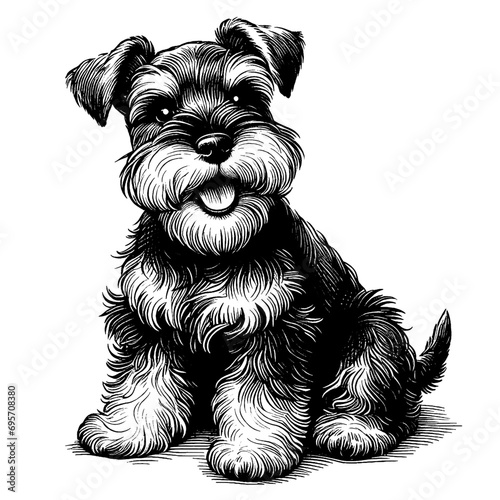 Full-length sitting Schnauzer portrait. Hand Drawn Pen and Ink. Vector Isolated on White. Engraving vintage style illustration for print, tattoo, t-shirt, coloring book