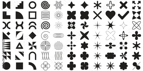 Brutalist abstract geometric shapes and grids.Y2K Geometric brutalism forms stickers.Brutal contemporary figure,stars,flowers and other primitive elements.Swiss design aesthetic.Bauhaus memphis design