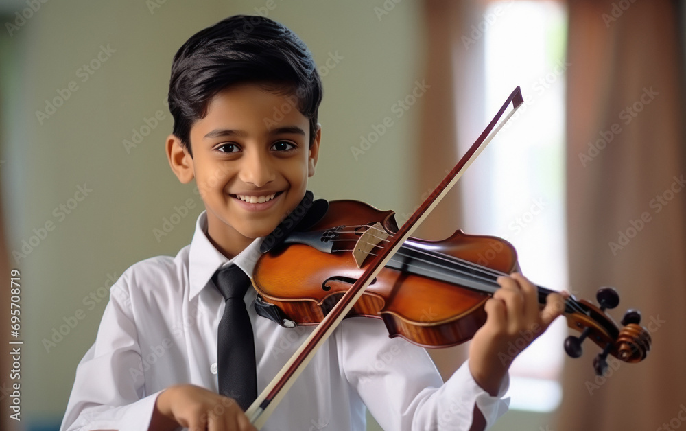 Indian little boy playing violin and smiling Indian little boy playing violin and smiling