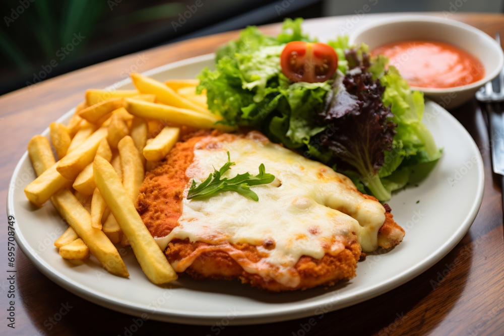 a plate of food with french fries and a salad