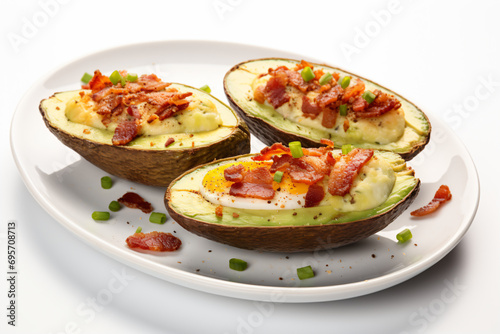 three avocados with bacon and eggs on a plate