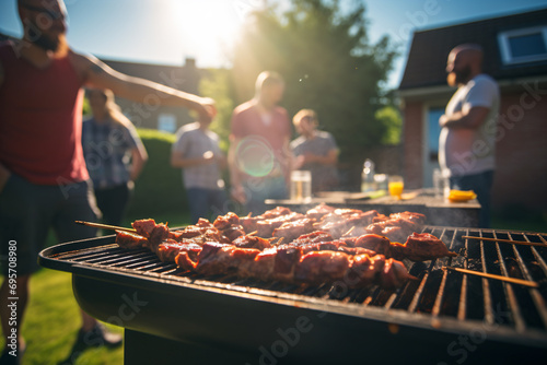 a group of people standing around a grill