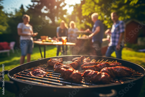 a group of people standing around a grill photo
