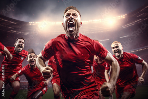 Exhilarated soccer players celebrating victory on field. Team spirit and triumph. © Postproduction
