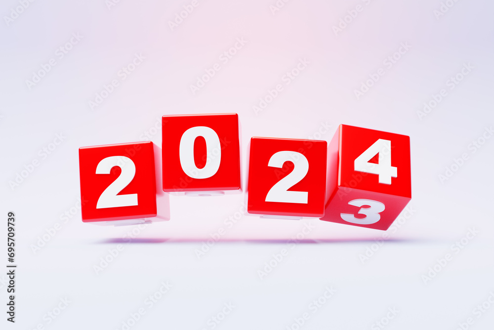 2024 new year card with 3d realistic year number on white background. 3D illustration. Volumetric figures 2024 at an angle, space for text for New Year's greetings, New Year's corporate banner 2024 new year card with 3d realistic year number on white background. 3D illustration. Volumetric figures 2024 at an angle, space for text for New Year's greetings, New Year's corporate banner
