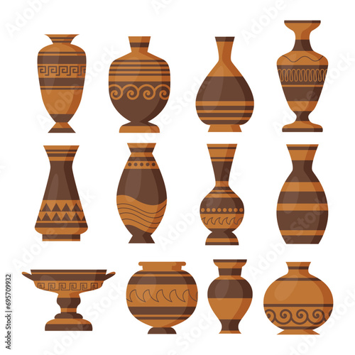 Clay Pot Ancient Greek Vase set collection, Logos with Greek antiquity urns, Old Roman handmade clay pots, Old pottery set, Ceramic archaeological pot, ceramic earthenware, Ancient Amphora boho