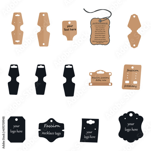Necklace display tags Illustration Clip Art Vector Set, Display Tags Isolated White Background. Necklace Tags Label Hanging Badge, Necklace Display Silhouette.