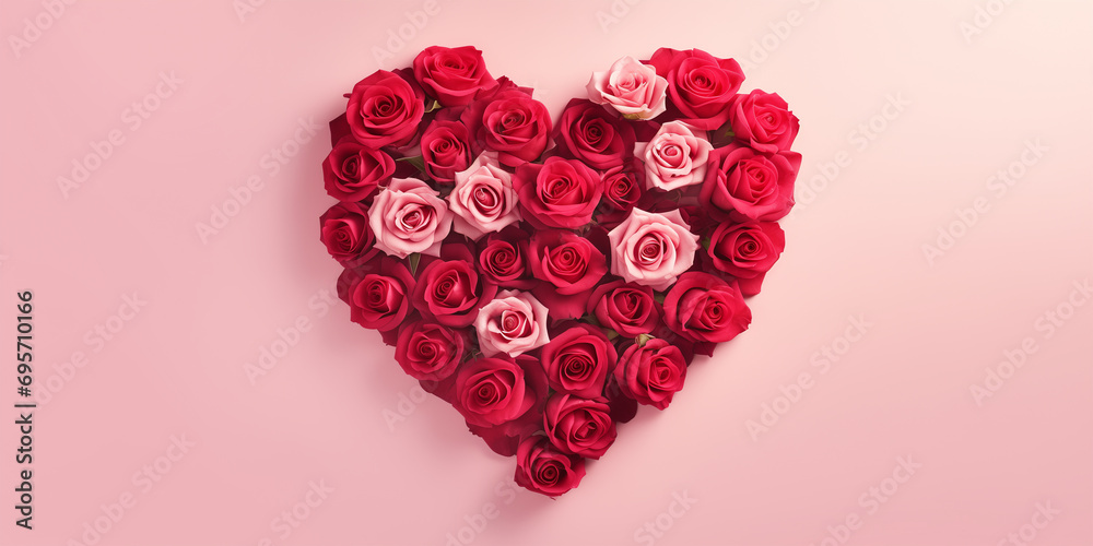 Valentine's day roses in a heart shape on pink background colors, light pink and red of pastel color.