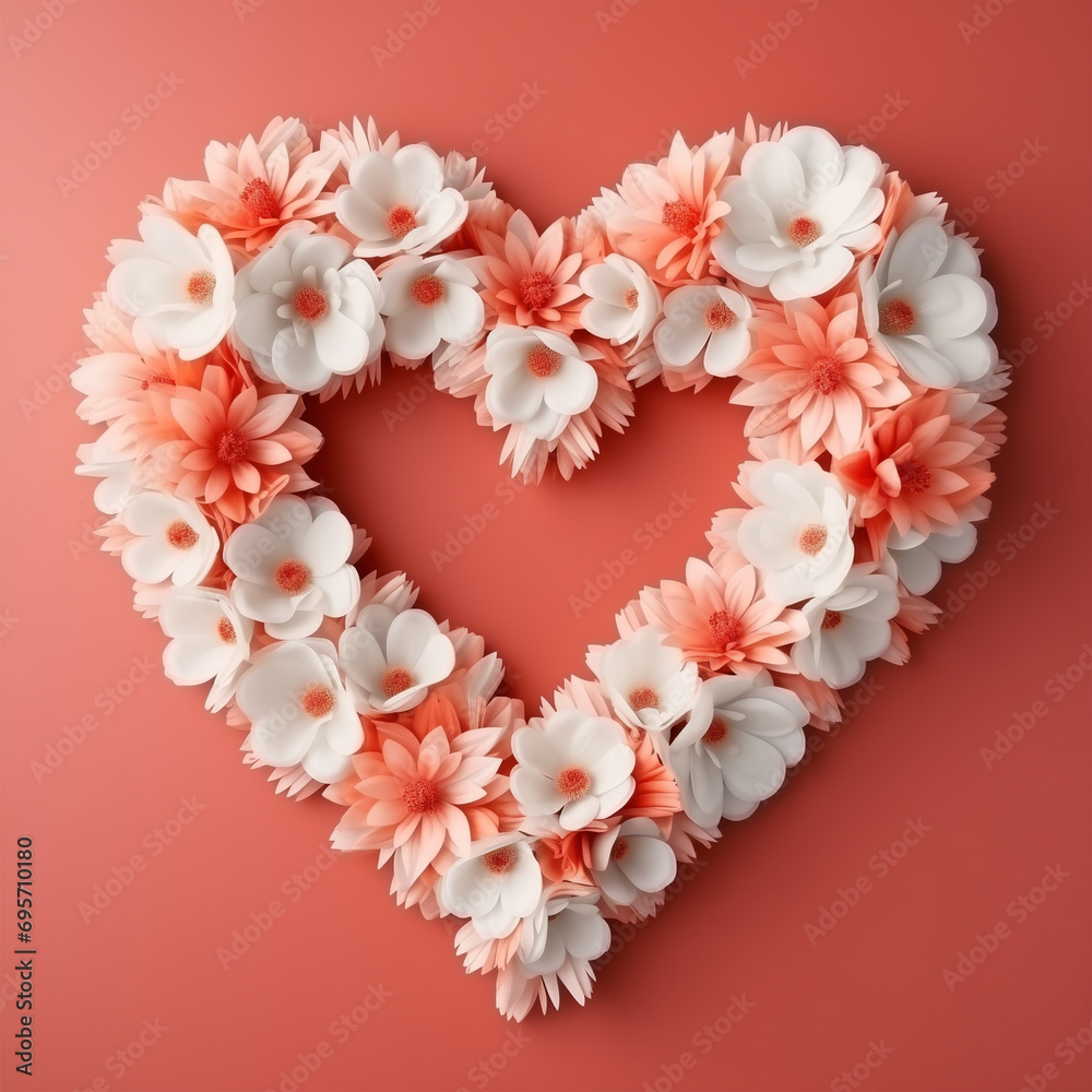alentine's day roses in a heart shape on orange background colors, light orange and white of pastel color.. alentine's day roses in a heart shape on orange background colors, light orange and white of pastel color..