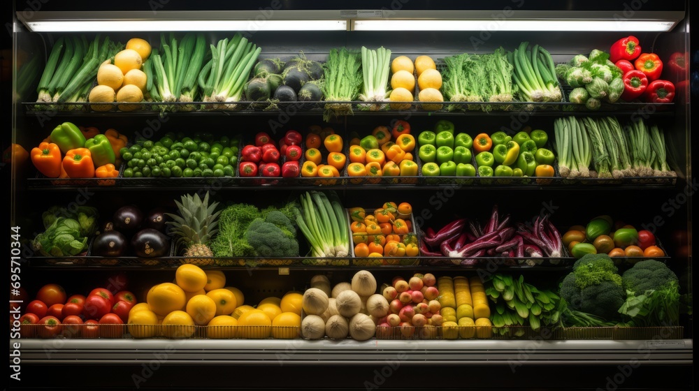 fresh produce variety: colorful fruits and vegetables displayed in supermarket refrigerated section - obrazy, fototapety, plakaty 