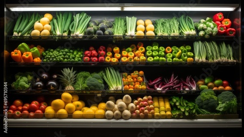 fresh produce variety: colorful fruits and vegetables displayed in supermarket refrigerated section