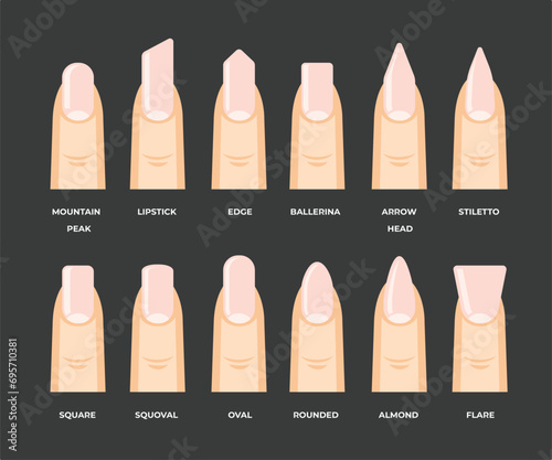 Set of different types of nail shapes collection for best book course manicure and pedicure guide, Various Most popular nail shapes, Beauty spa salon woman fingernails set.