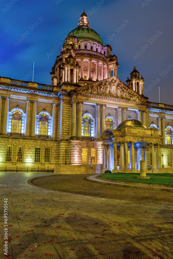 The beautiful City Hall of Belfast illuminated at twilight