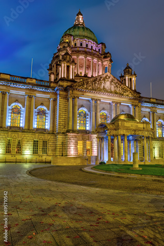 The beautiful City Hall of Belfast illuminated at twilight