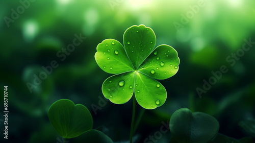 Four-leaf green clover for good luck on St. Patrick's Day, st. patrick's day abstract, Four-leaf green clover for good luck on St. Patrick's Day, bright green background, ai generative photo