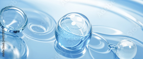 Hyaluronic acid molecules. Hydrated chemicals, molecular structure and blue spherical molecule. Microscope h2o water molecules, blue cosmetic advertising background photo