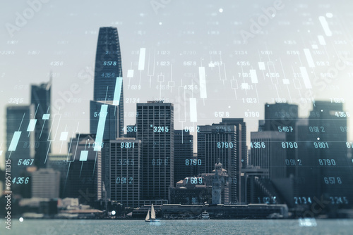 Double exposure of abstract virtual statistics data hologram on San Francisco city skyscrapers background, statistics and analytics concept