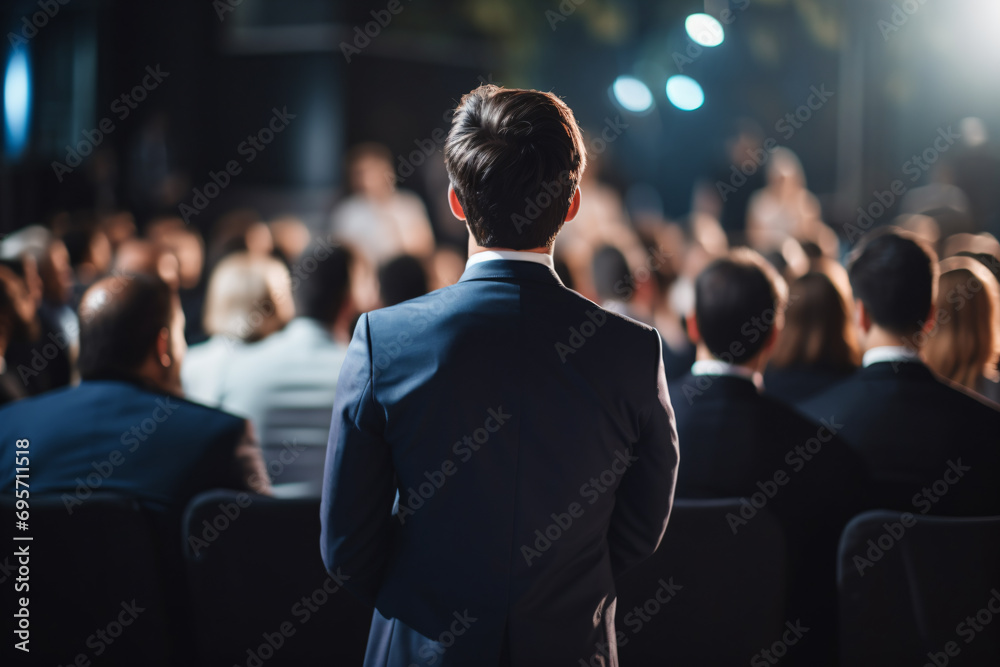 a man in a suit standing in front of a crowd