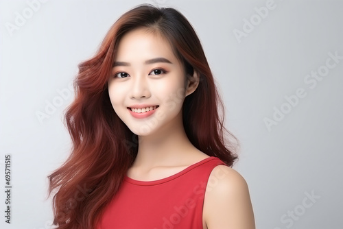 a woman with long red hair smiling at the camera