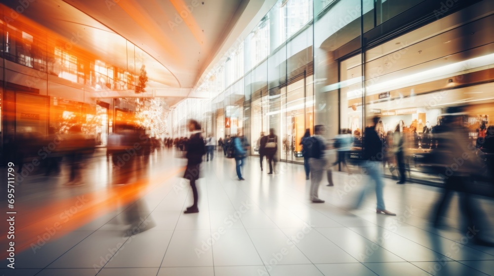 Abstract blurred photo of many people shopping inside department store or modern  shopping mall. Urban lifestyle and black Friday shopping, motion, speed, blurred, group, city, modern