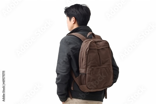 a man with a backpack standing in front of a white background