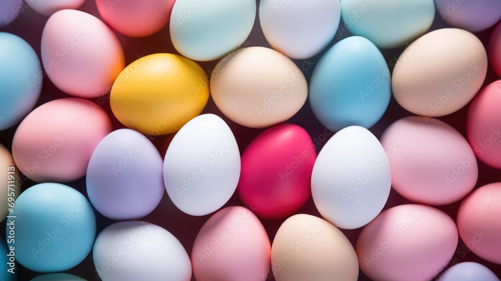 Lots of Easter eggs and feathers in trendy pastel candy colors. Festive background.