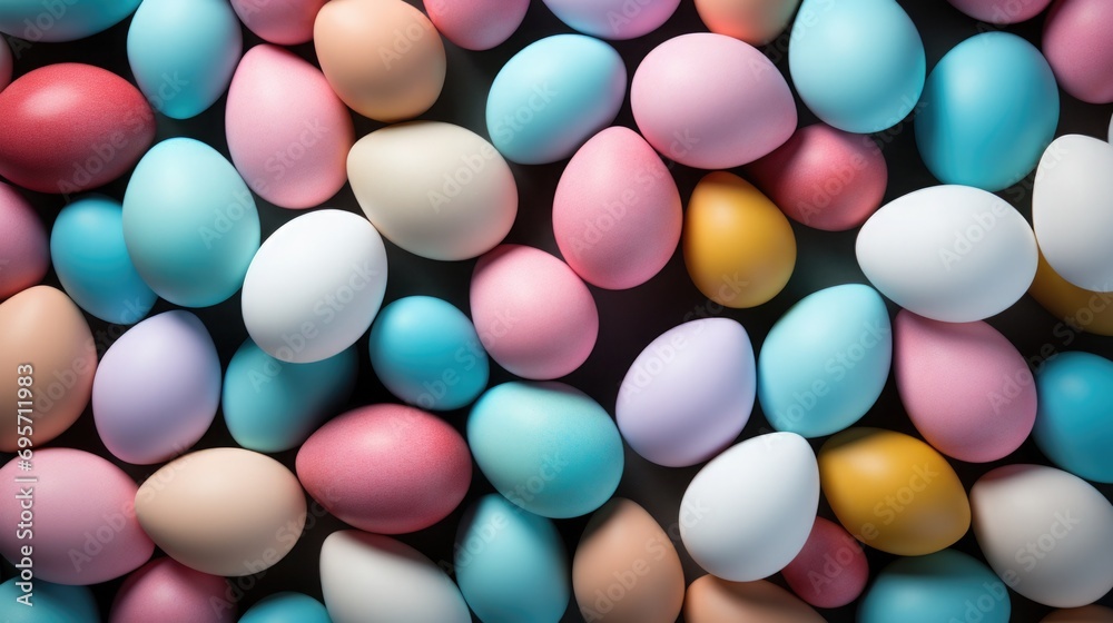 Lots of Easter eggs and feathers in trendy pastel candy colors. Festive background. Lots of Easter eggs and feathers in trendy pastel candy colors. Festive background.