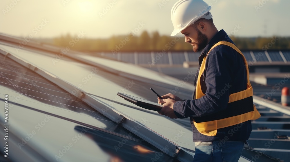 engineer with laptop and tablet maintenance checking installing solar roof panel on the factory rooftop engineer with laptop and tablet maintenance checking installing solar roof panel on the factory rooftop
