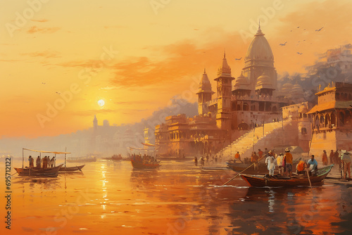 Oil painting on canvas, Ancient Varanasi city architecture at sunrise with view of sadhu baba enjoying a boat ride on river Ganges. India #695712122