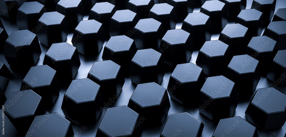 Background of abstract black 3d hexagon background design dark honeycomb grid pattern. Abstract octagons dark 3d background. Black geometric background for design.