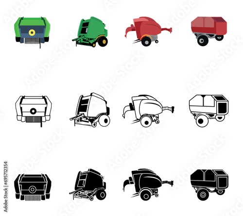 Mini Round Baler Machine Illustration Clip Art Vector Set, Mini Round Baler Machine Isolated White Background. Machinery Tractor Mini Transport, Old-Fashioned Outline Vector.